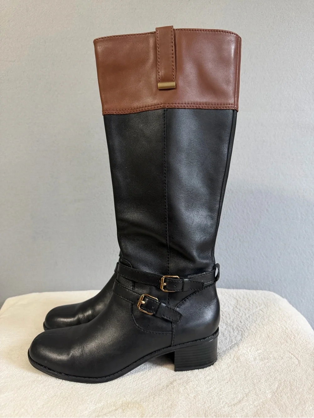 Bandolino Carlota Boots Two-Tone Black/Brown Size 6M Women’s Leather Block Heel